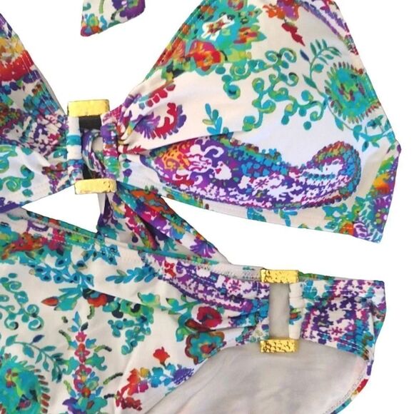 Ralph Lauren Colorful Cabana Paisley Ring Front Halter Bikini Set Size 12 - Picture 3 of 16